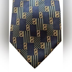 Fendi Silk Tie Men’s Blue Gold Geometric Logo Made in Italy